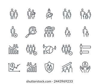 Eine Reihe linearer demografischer Symbole. Einfache Symbole mit Familien, Bevölkerung, Geburtenraten, sozialen Gruppen, Geschlechterstatistiken. Bearbeitbarer Strich. Umriss flache Vektorgrafik Kollektion isoliert auf weißem Hintergrund