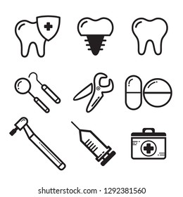 Set linear dental medichine vector for website icon. Thin line vector icons of dental clinic services, stomatology, dentistry, orthodontics, oral health care and hygiene, dental instruments. 