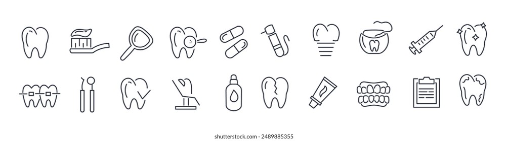 Conjunto de iconos de odontología lineal aislados sobre un fondo blanco. Limpieza, higiene bucal y contorno de trazo editable