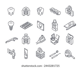 Set of linear dentistry icons. Simple signs with dental crowns, caries, toothbrush, braces, teeth and dentist. Design element for app. Outline isometric vector collection isolated on white background