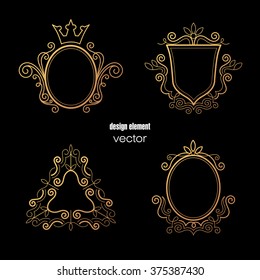 Set of linear design elements gold frames on black background. Decorative frames of different shapes to create logos, monograms of corporate identity. Vector frame in modern style mono line.