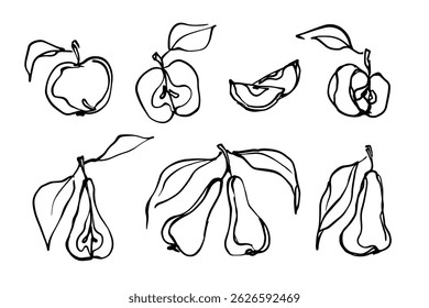 Set of linear doodles, abstract fruits apples and pears. Vector graphics.