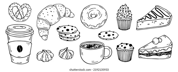 A set of linear doodles of sweet chocolate desserts, pastries and a cup, a glass of aromatic coffee. Cartoon vector graphics.