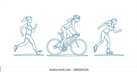 Set of linear drawing active young woman. Roller skating, bicycling, running. Healthy lifestyle. Vector illustration.