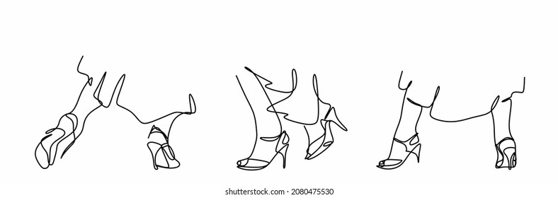 a set of linear drawing of dancing female legs on heels in the style of minimalism