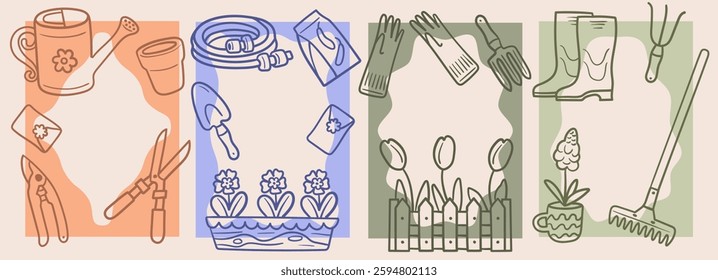 Set of linear drawing gardening postcards featuring tools like watering can, gloves, rake, and plants like tulips and hyacinths, perfect for garden design, spring projects, nature-themed greetings.