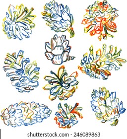 set of linear drawing pine,fir and larch cones , hand drawn vector illustration