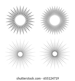 Set of linear drawing of sunshine rays in vintage style. Sunburst on white background. Sunrays outline vector.