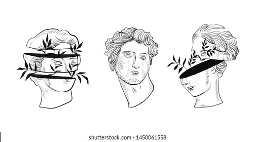 Set linear drawings heads antique statues the goddess   mythical god in the engraving style  Creative minimal linear woman vector and growing branch from her head  