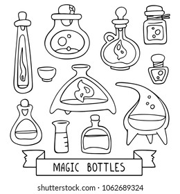 A set of linear drawings of magic bottles.