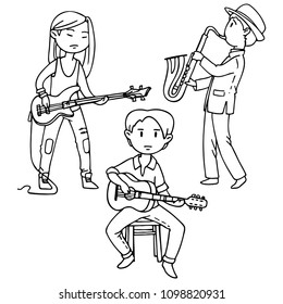 A set of linear drawings of musicians.
