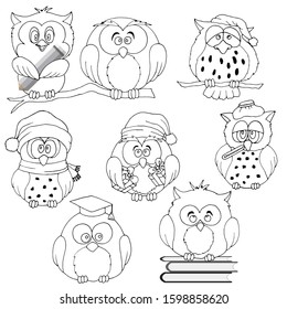 set linear drawings of owls, isolate on a white background