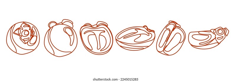 A set of linear drawings of persimmons on a white background. Orange lines on a white background. Peel the persimmon whole and cut into different parts. Packaging, an icon for a fruit brand. Icon
