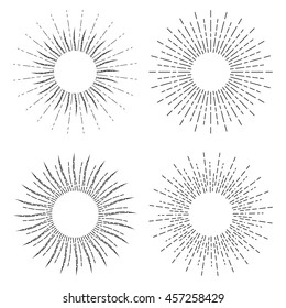 Set of linear drawings of sunshine rays in vintage style. Sunburst isolated on white background. Retro stylized symbols of sun. Collection of sunlight signs. Vector illustration in EPS8 format.