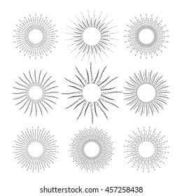 Set of linear drawings of sunshine rays in vintage style. Sunburst isolated on white background. Retro stylized symbols of sun. Collection of sunlight signs. Vector illustration in EPS8 format.