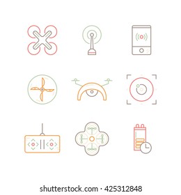 Set of linear drone icons - drone top view, remote control of the drone, map, smartphone access. Modern vehicles for photography, delivery and military purposes. Technology and innovation symbols.