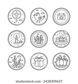 Set of linear Easter icons, cute symbols of Easter celebration with Christianity Cross and Rays, Flip Calendar, Grass with Spring Tulips, Pussy Willow with Clouds and Line Art Dots and Crosses