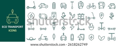 Set of linear eco-friendly transport icons. Includes electric car, bicycle, scooter, hybrid bus, charging station and more.