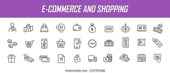 Set of linear e-commerce icons. Shopping icons in simple design. Vector illustration