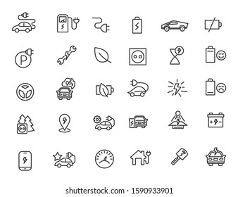Conjunto de iconos lineales de camión eléctrico. Iconos de estación de Chrager en un diseño simple. Ilustración del vector