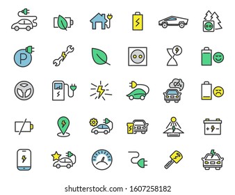 Set of linear electric car icons. Chrager station icons in simple design. Vector illustration
