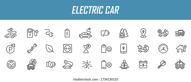 Set of linear electric car icons. Eco car icons in simple design. Vector illustration