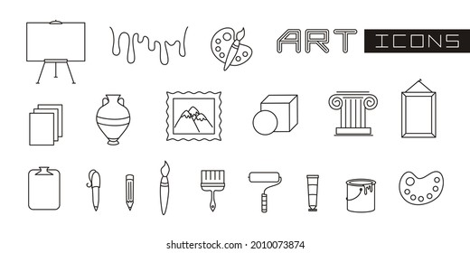 A set of linear elements for art. Brushes, paints, easel and everything for painting. Vector illustration on the topic of art, creativity, drawn, craft and skills. Isolated on white background