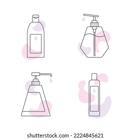 Set of linear elements of cosmetic products for the shower. Gentle body gel, liquid hand soap with dispenser, hair shampoo and conditioner. Accessories for body, skin and hair care. Jars, bottles