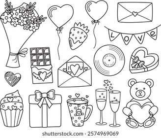 Set of linear elements for Valentine's Day. Cute romantic things in doodle style