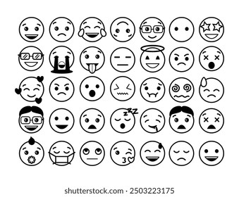 Set of linear emoji faces. Black and white icons with faces expressing different emotions. Sad, happy, funny, loving, crying and angry characters. Cartoon flat vector collection isolated on white