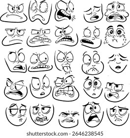 Conjunto de faces emojis lineares. Ícones em preto e branco com rostos que expressam emoções diferentes. Triste, feliz, engraçado, amoroso, chorando e personagens zangados. Coleção de vetores planos de desenhos animados isolados no branco