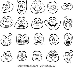 Conjunto de faces emojis lineares. Ícones em preto e branco com rostos que expressam emoções diferentes. Triste, feliz, engraçado, amoroso, chorando e personagens zangados. Coleção de vetores planos de desenhos animados isolados no branco