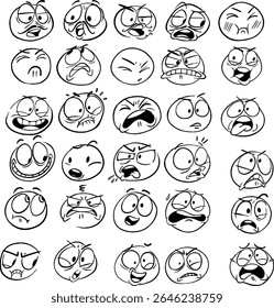 Set of linear emoji faces. Black and white icons with faces expressing different emotions. Sad, happy, funny, loving, crying and angry characters. Cartoon flat vector collection isolated on white