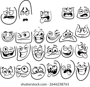 Conjunto de faces emojis lineares. Ícones em preto e branco com rostos que expressam emoções diferentes. Triste, feliz, engraçado, amoroso, chorando e personagens zangados. Coleção de vetores planos de desenhos animados isolados no branco