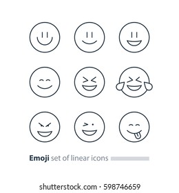 Set of linear emoji icons, black white mono line design, vector facial expressions, emoticon collection