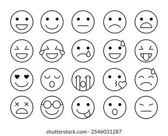 Conjunto de emoji lineales. Varios emoticonos con diferentes emociones y sentimientos. Depresión, felicidad, fatiga, shock y miedo. Colección de Vector de contorno aislado sobre fondo blanco