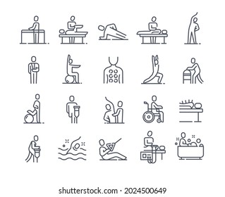 Set of linear essential icons of physiotherapy on white background. Concept of massotherapy and acupuncture, exercise, rehabilitation. Healthcare and medicine. Flat cartoon vector illustration