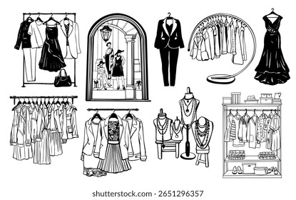 Set of Linear Fashion Illustrations with Wardrobe Elements, Clothing Racks, Hangers and Boutique Displays. Hand Drawn Minimalist Outlines for Fashion Design, Lookbook Layouts and Stylish Retail Decor