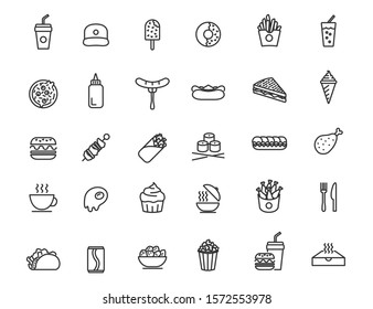 Set of linear fast food icons. Food and drink icons in simple design. Vector illustration