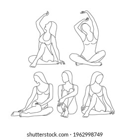 Set of linear female figures in swimsuits. Minimal black and white trendy vector illustration with silhouette of faceless woman. Young women sitting and sunbathing. Isolated on white background.