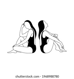 Set of linear female figures in swimsuits. Minimal black and white trendy vector illustration with silhouette of faceless woman. Young women sitting and sunbathing. Isolated on white background.