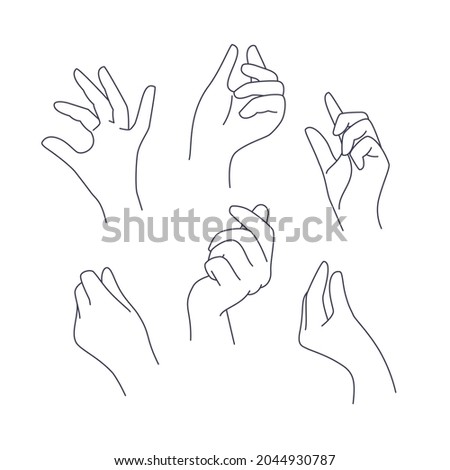 Set of linear female hands in a minimalist linear style isolated on white background. Different gestures,the hands holding something small between the fingers.Vector illustration.