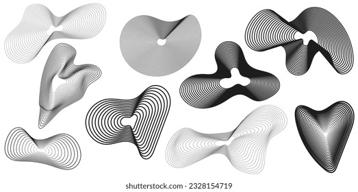 Set of linear figures. Wireframe abstract wavy shapes. 80s cyberpunk elements, vector set.