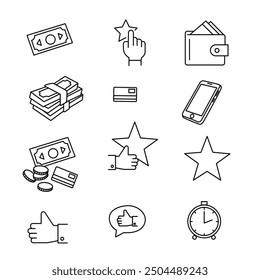 Set of linear financial icons. Business, dollar, money, coins, card, banknotes, hand, like, wallet, phone, star, rating, time, clock, conversation cloud, payment, salary, income, cash, currency