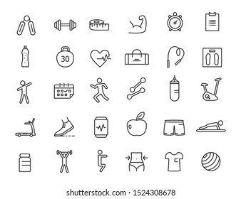 Set of linear fitness icons. GYM icons in simple design. Vector illustration