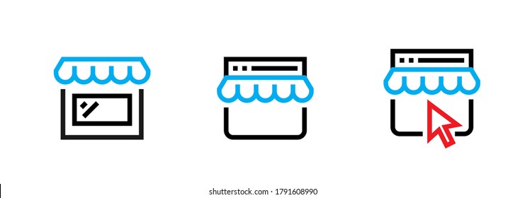 Set linear flat icons online shop, browser template concept. Editable Vector Stroke. Website for shopping. Online shop button symbol isolated on white background. One click shoppings.