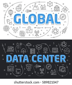 Set linear flat illustration for presentations dark and white background global data center