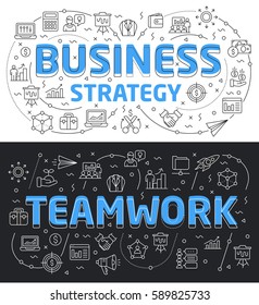 Set linear flat illustration for presentations dark and white background business strategy