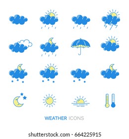 Set of linear flat weather icons in blue and yellow colors. Vector elements for mobile concepts and web apps.
