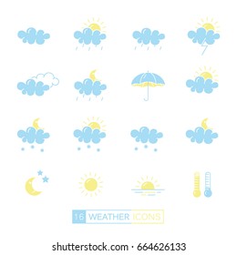 Set of linear flat weather icons in blue and yellow colors. Vector elements for mobile concepts and web apps.